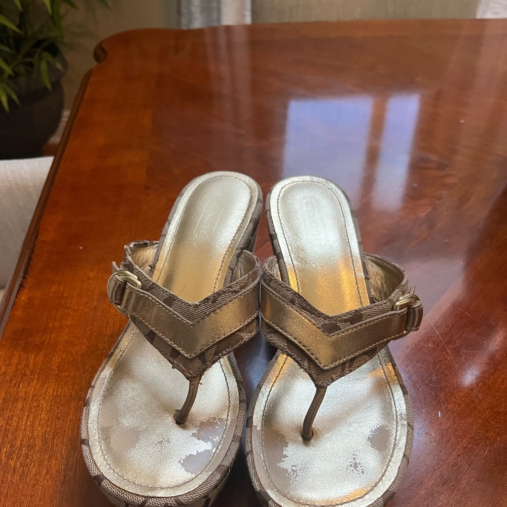 Coach wedge flip flops . Good condition . Size 8 . Brown /gold